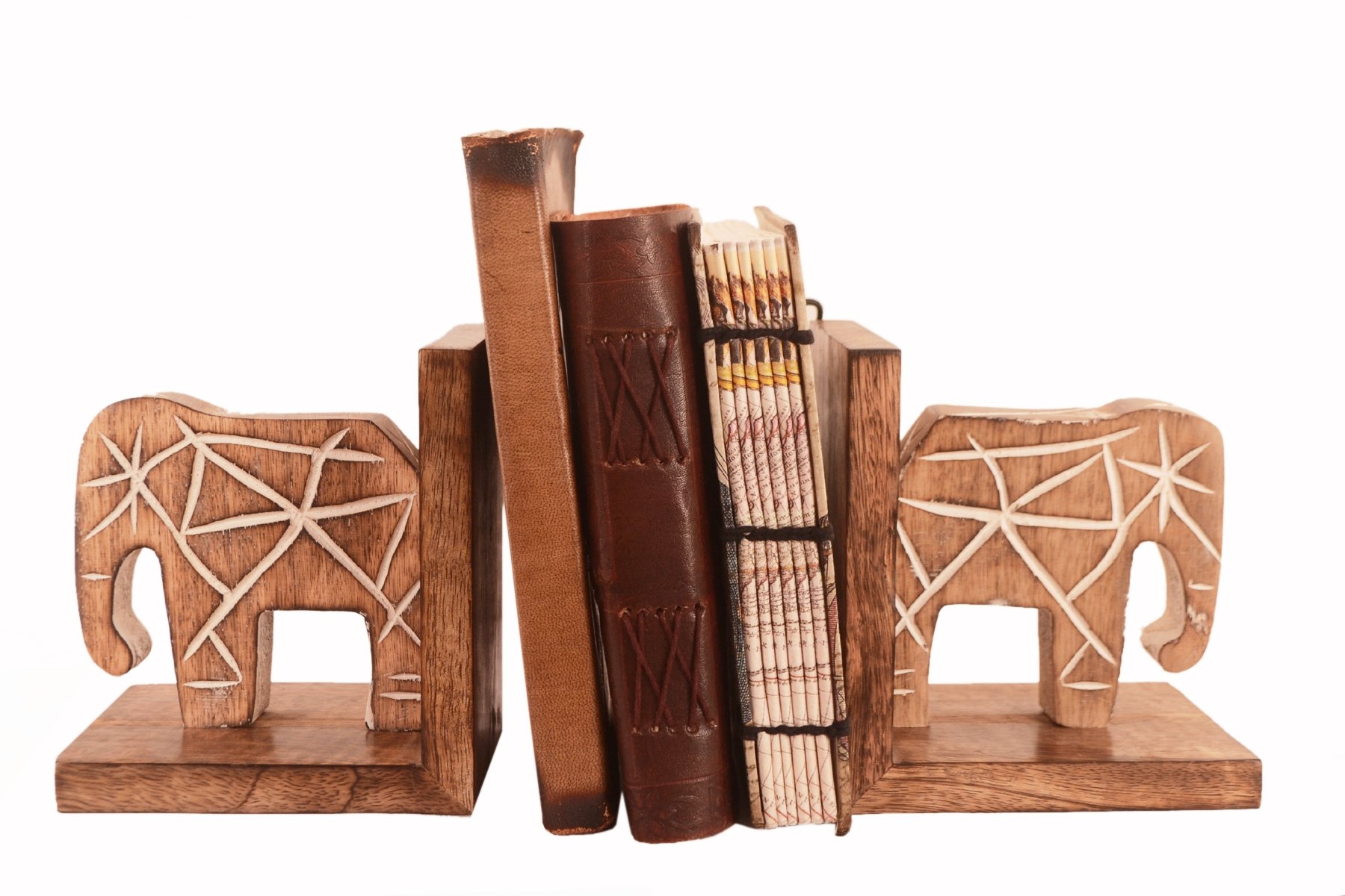 Purpledip Wooden Bookends Stand Holder Bookshelf Organizer 'Mighty Elephants': Unique Decor Gift For Book Lovers (11293)
