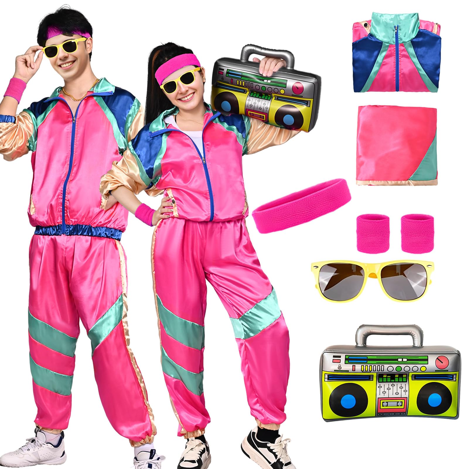 HarnyLoom 80s 90s Fancy Dress Costume Men Women Adults, Shell Suit Rave Tracksuit Retro Outfit Jacket Hip Hop Rapper Disco Accessories Carnival Halloween Party (Rose, M)