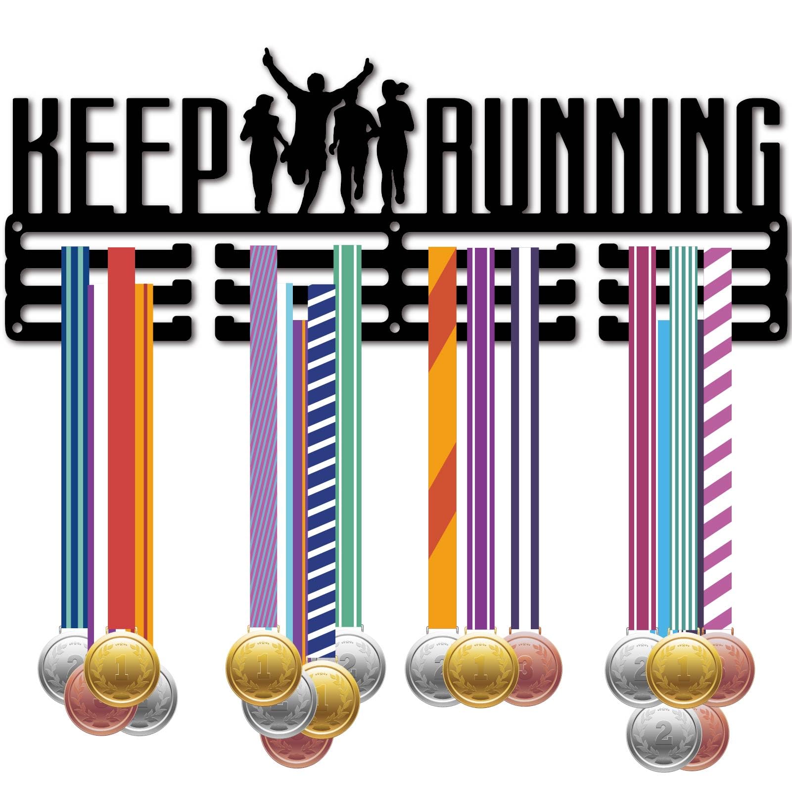 CREATCABIN Runner Medal Holder Medal Hanger Display Rack Sports Medal Hanging Awards Metal Wall Mounted Home Room Decor Gift for Runner Running Marathon Race Winner Black 15.7x5.9 Inch-Keep Running