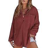 Poetsky Womens Waffle Knit Tops 2026 Oversized Long Sleeve Henley Shirts Fall Casual V Neck Loose Fit Tunic Blouse