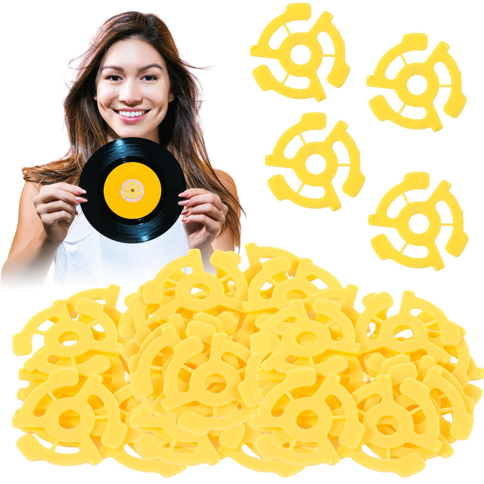 Photo 1 of CroBlissful 50 Pcs Flat Plastic Record Adapters Snap in Inserts to Make 7 Inches Records Fit on Standard Vinyl Turntables