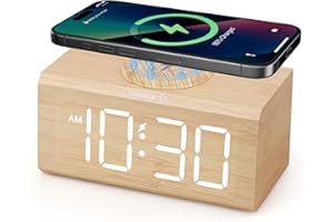 Acedeck Wooden Alarm Clock with Wireless Charging: 15W Fast Wireless Charger for iPhone Samsung - Dimmable Dual Alarm Clock w