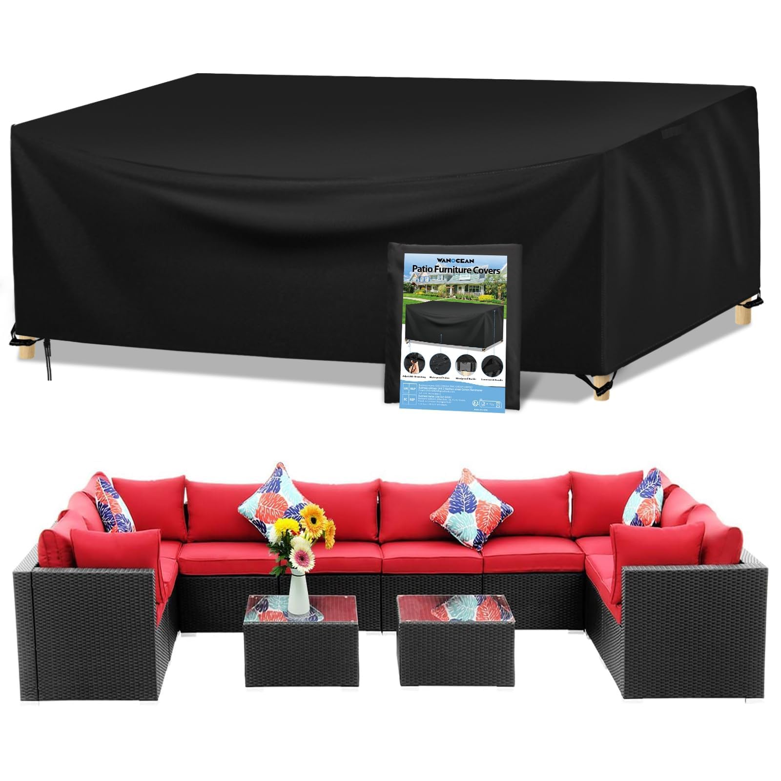 Wanocean Garden Furniture set Covers, Outdoor Patio Furniture Cover Waterproof 420D Oxford Anti-UV Tear-Resistant Rectangular Rattan Furniture Covers 350x260x90cm