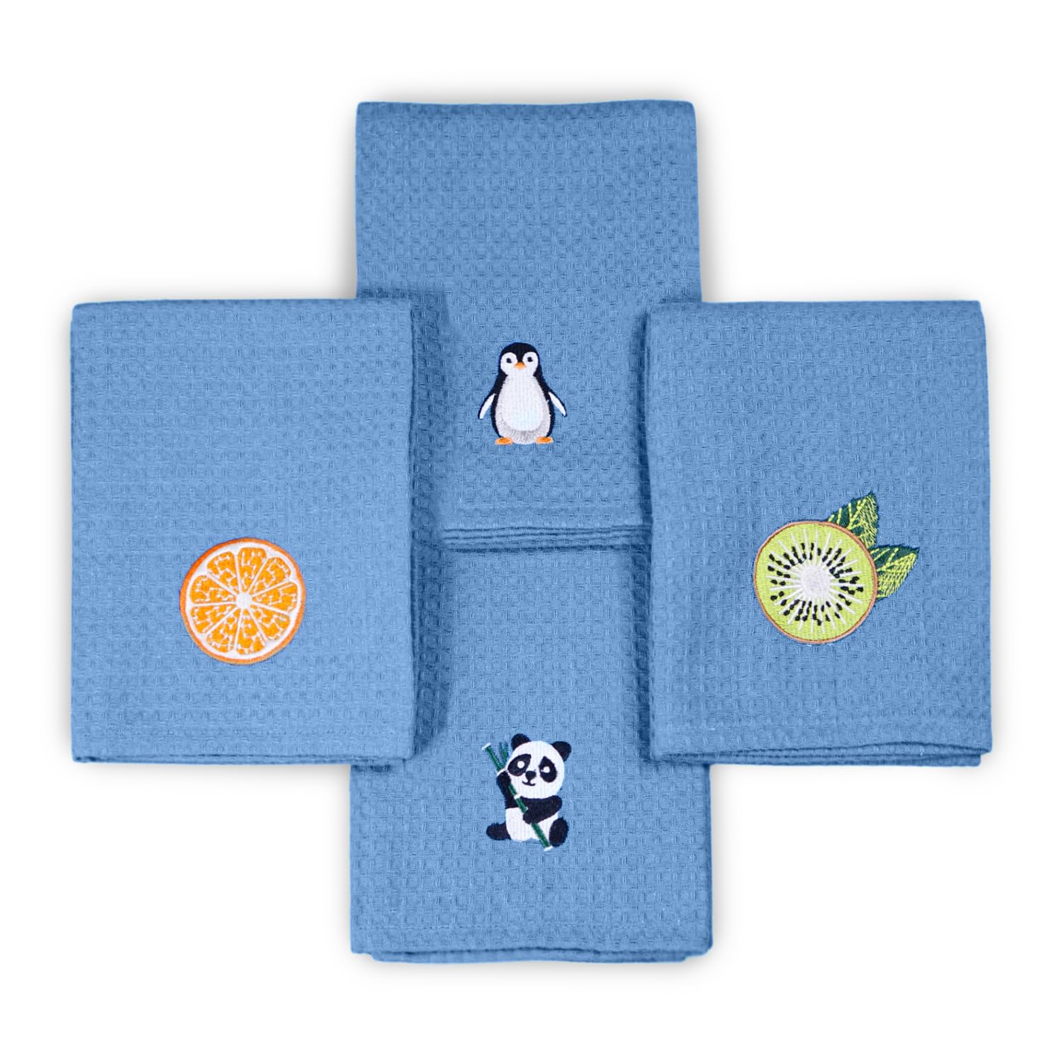 YOGAN Tea Towels/Kitchen Towels Pack of 4 | 100% Cotton | 50x70cm | Waffle Weave | Super Soft | Super Absorbent | Lint Free | Embroidery (Sky Blue)