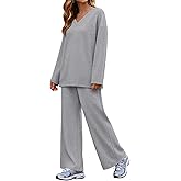 JoyMotion 2 Piece Women's Sweatsuit, V Neck Oversized Tracksuit Wide Leg Pant Fall Lounge Set Long Sleeve Sweatshirts Outfit