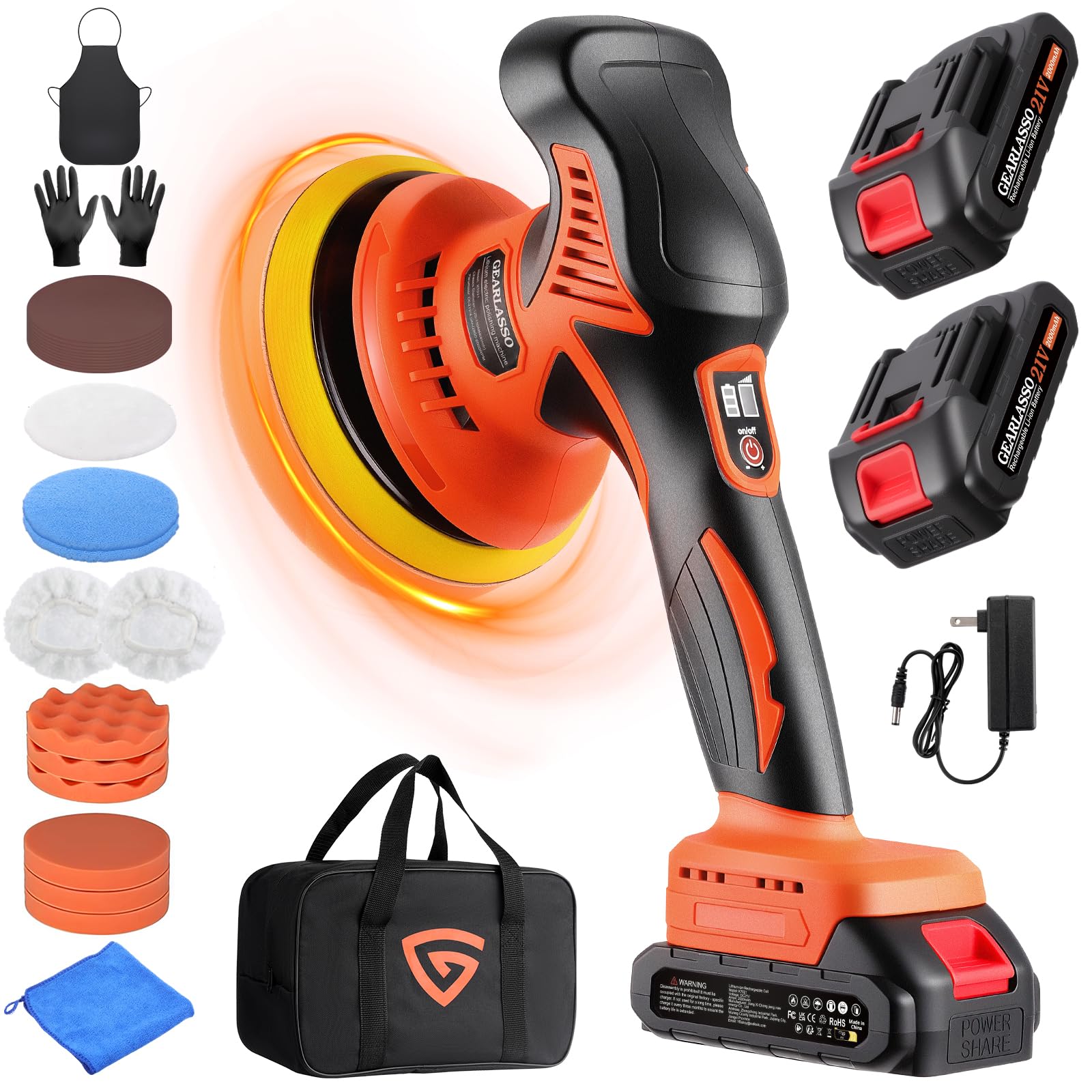Photo 1 of ***(PARTS ONLY/ NON FUNCTIONAL)***GEARLASSO Car Buffer Polisher, 8 Variable Speed Car Polisher 2800-6000RPM Cordless Car Polishing Machine with 2x 21V 2000mAh Batteries and 17 Piece Polishing Kit for Car Detailing Scratch Removing