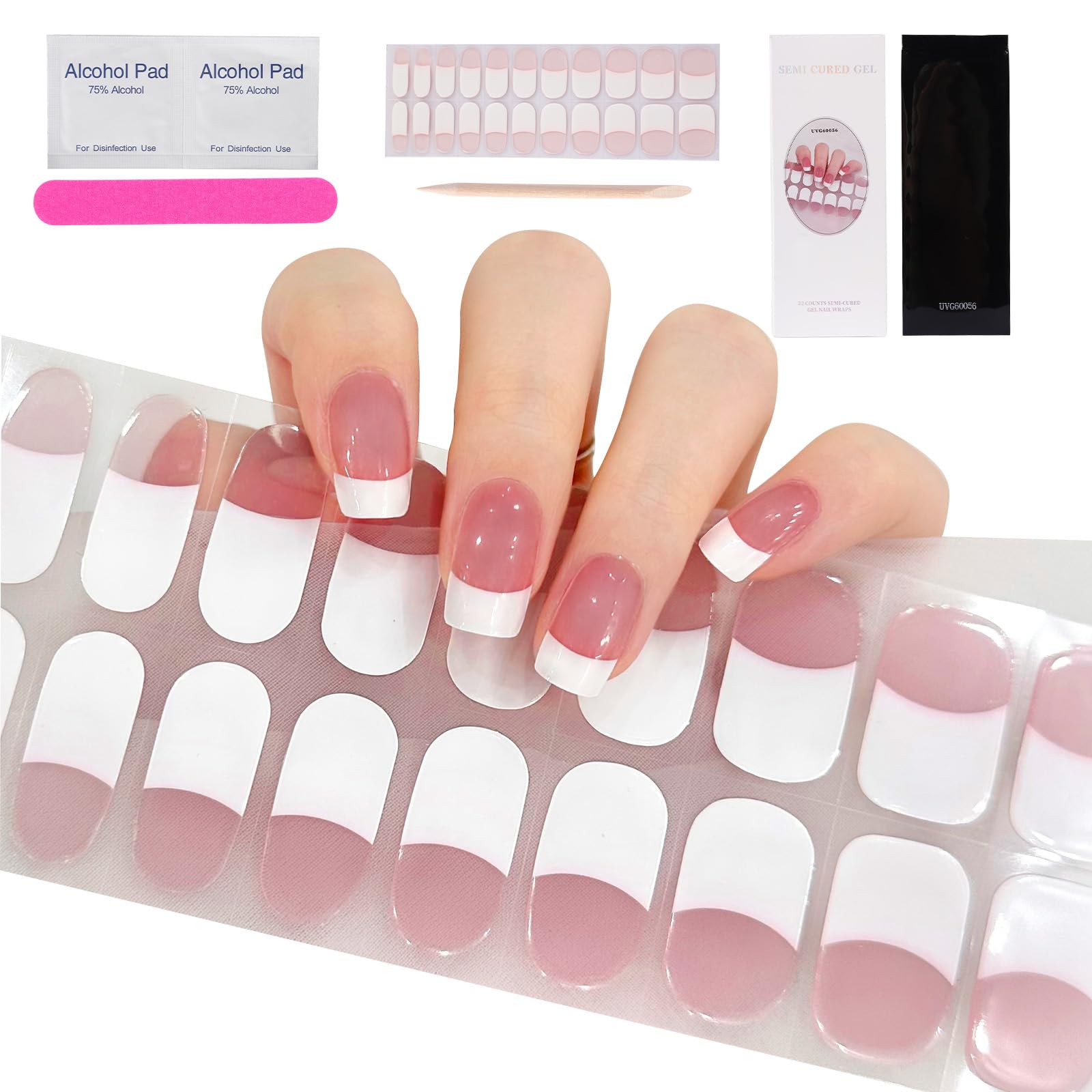 Vellivar Semi Cured Gel Nail Strips - 22 PCS UV Nails, French Tip Stickers, ABS Material, Pink, Glass, Plastic, Metal, Wood, Ceramic Surfaces
