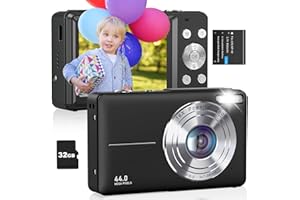 CAMKORY Digital Camera, FHD 1080P Kids Camera, 44MP Point and Shoot Digital Cameras with 32GB Card, 16X Digital Zoom, Anti Shake, Compact Small Cameras for Boys Girls Teens Students, Black