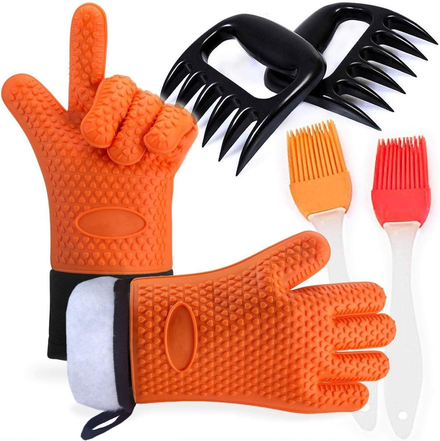 Amison BBQ Grilling Gloves Heat Resistant with Bear Claw Meat Claws and Silicone Basting Brush, Waterproof Non-slip Potholder with Extended Protection for Barbecue Cooking Baking Oven Orange