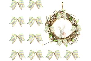 ALIBBON 10 Pcs Easter Bows for Wreath, Easter Wreath Bows, Pink Green Yellow Blue Stripe Bows, Wreath Ornaments Easter Decor, Decorative Small Burlap Bows for Tree Crafts Easter Party Supplies