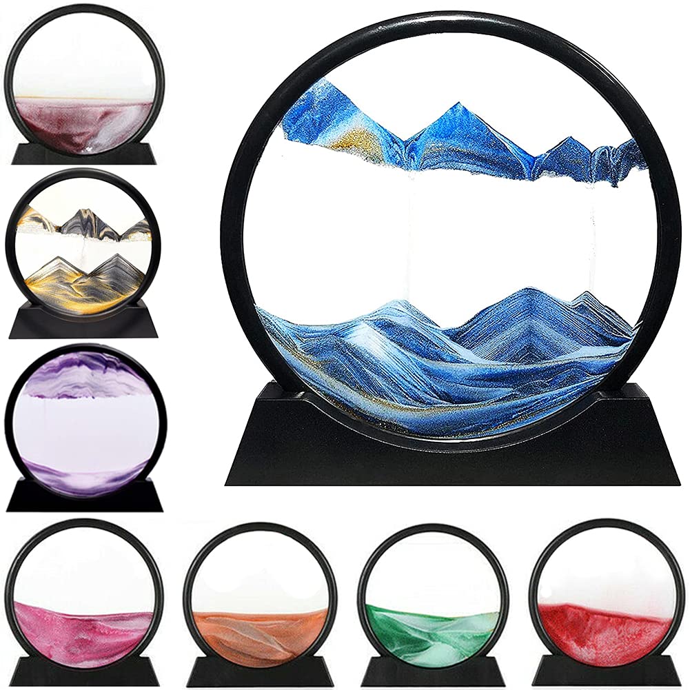 LINPING Flowing Sand Painting,Moving Sand Art Picture Round Glass 3D Deep Sea Sandscape in Motion Display Flowing Sand Frame, Home & Office Desktop Decorations (7 Zoll, Blue)