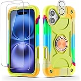 Cookiver for iPhone 16 Plus 6.7 inch Case - Heavy Duty Shock Resistant Military Grade Rugged Case with Ring Stand, Glass Screen Protector and Camera Lens Protector (Rainbow Green)