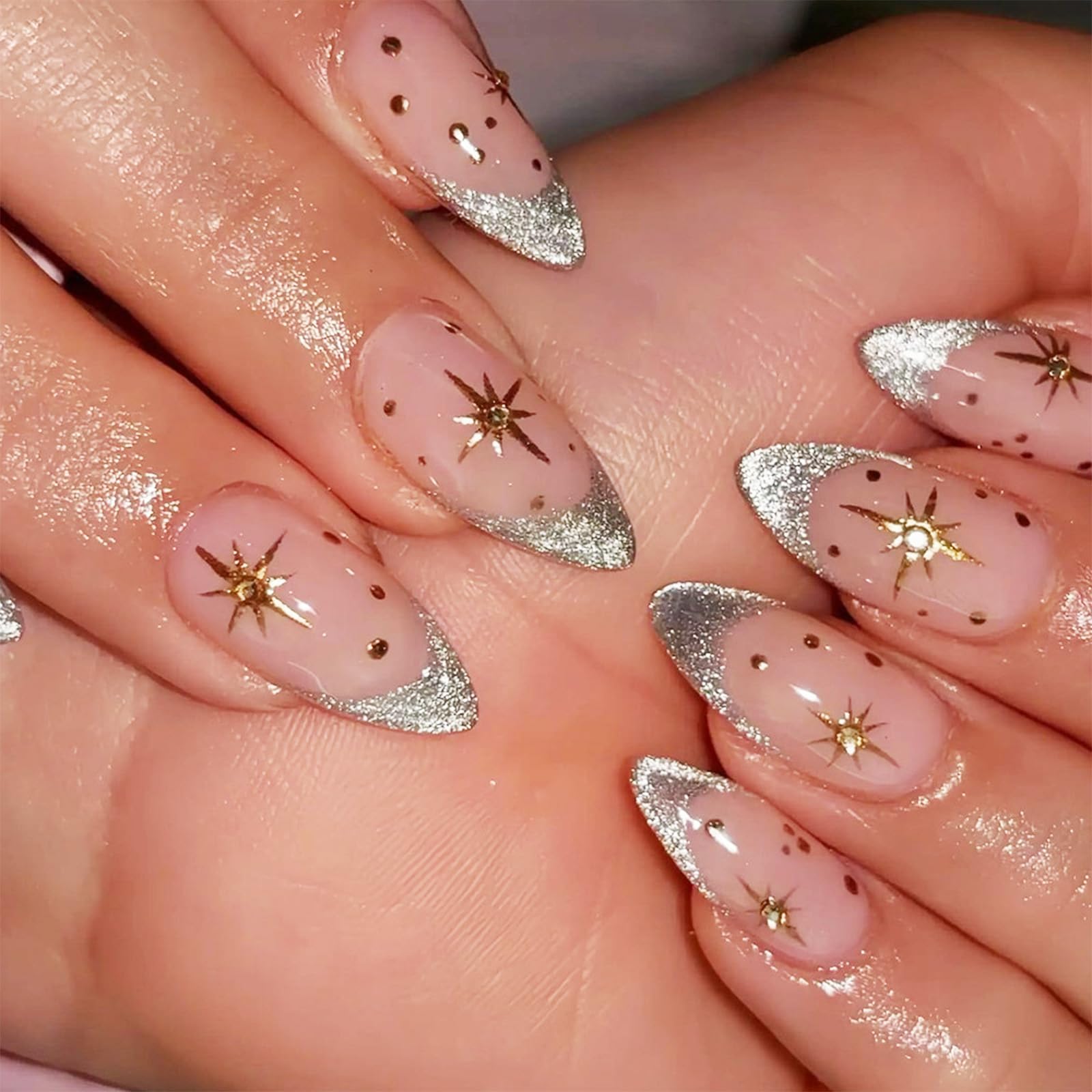 Photo 1 of Gold Stars Press on Nails French Tips Medium Almond False Nails Polka Dots Gel Glue on Nail 24Pcs Rhinestones Stick on Fingernails Glossy Silver Glitter Acrylic Fake Nail for Coquette Women Girls