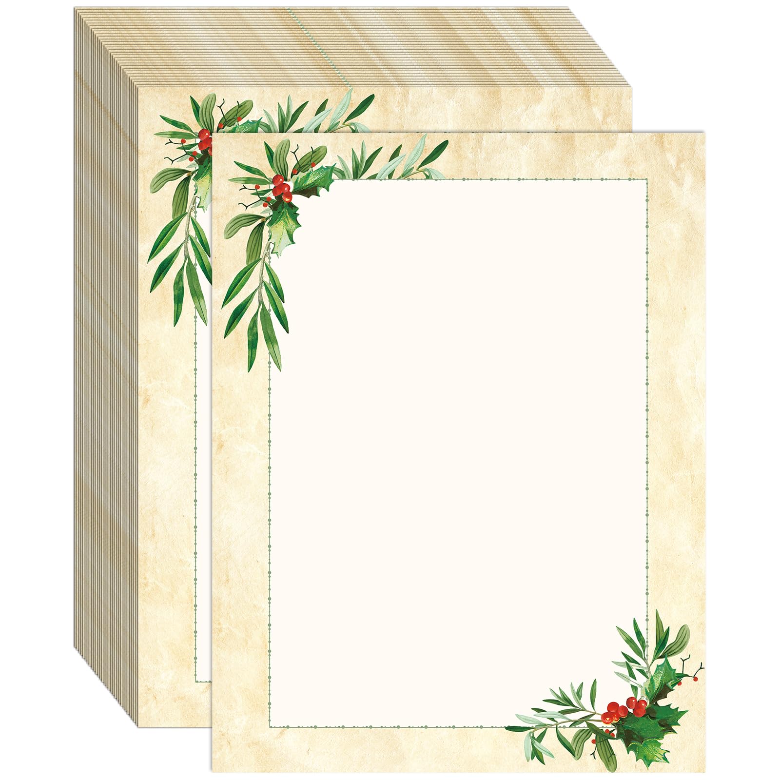 Photo 1 of 100 PCS Falling Holly Christmas Holiday Letterhead Christmas Border Computer Paper Stationery Paper for Note Letters to Santa Holiday Printer Papers Invitations Office School 8.5 x 11 In