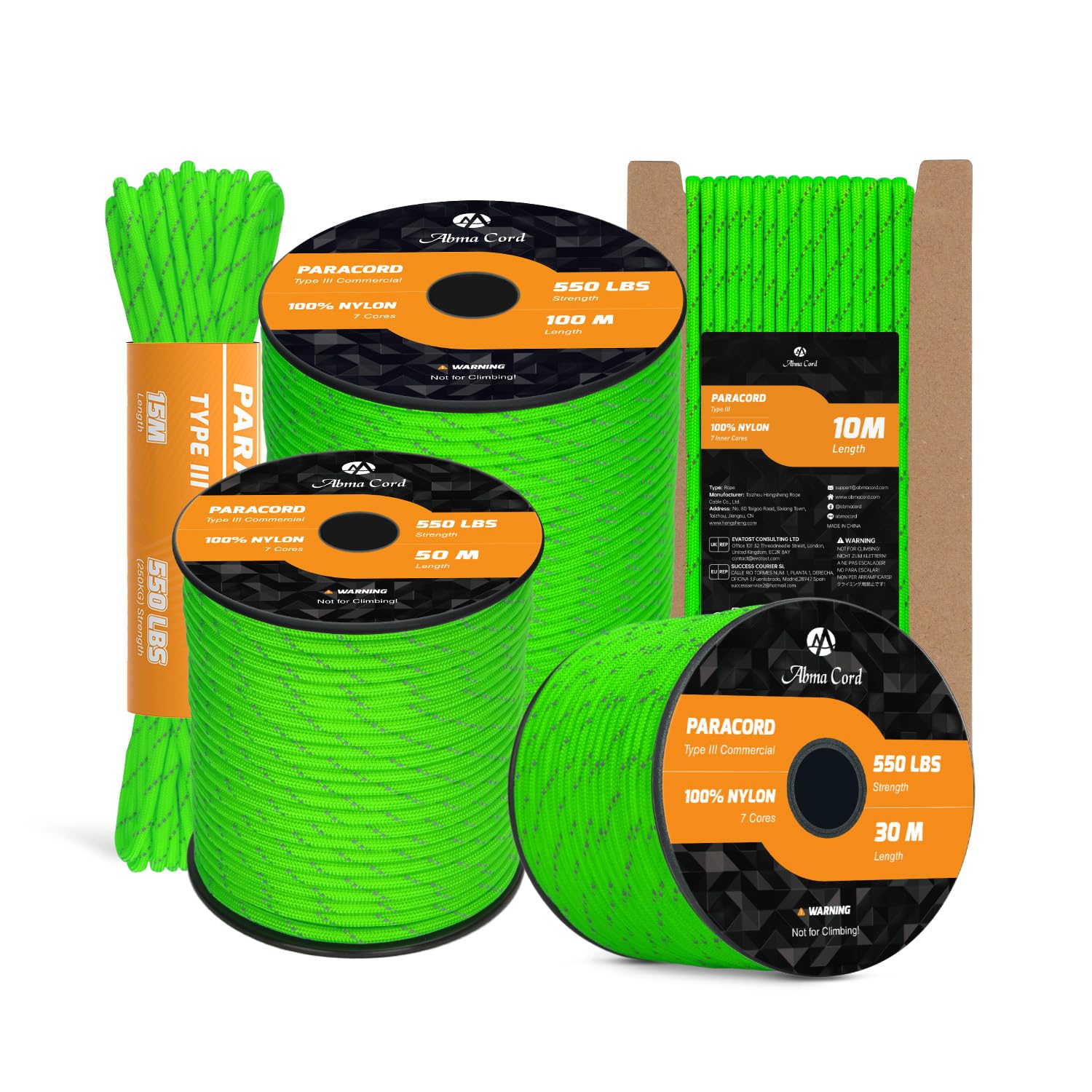 Abma Cord Paracord 550 4mm 100m 100% Nylon Rope Type III 7 Strands Parachute Cord for DIY, Camping, Survival, Outdoor - Max. 250kg - Reflective Neon Green