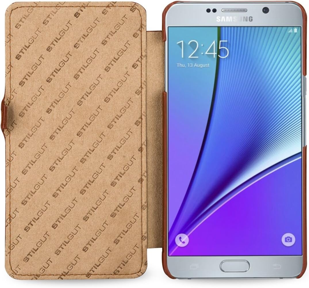 StilGut Book Type with Clip, Genuine Leather Case, Cover for Samsung Galaxy Note 5, Cognac Brown - Image 5