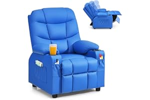 Costzon Kids Recliner Chair with Cup Holder, Adjustable Leather Lounge Chair w/Footrest & Side Pockets for Children Boys Girls Room, Ergonomic Toddler Furniture Sofa, Kids Recliner (Blue)