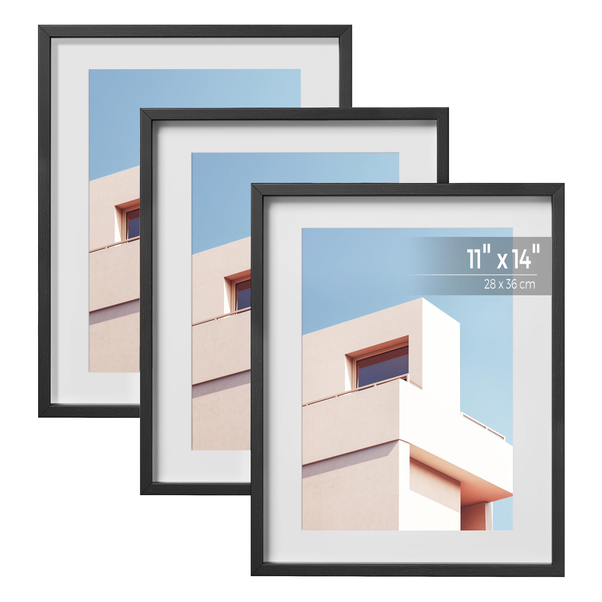 SONGMICS 11x14 Picture Frames Set of 3, Multi Photo Frame Set for Wall Gallery Decor with White Mats, Glass Front, Hanging or Tabletop Display, Black