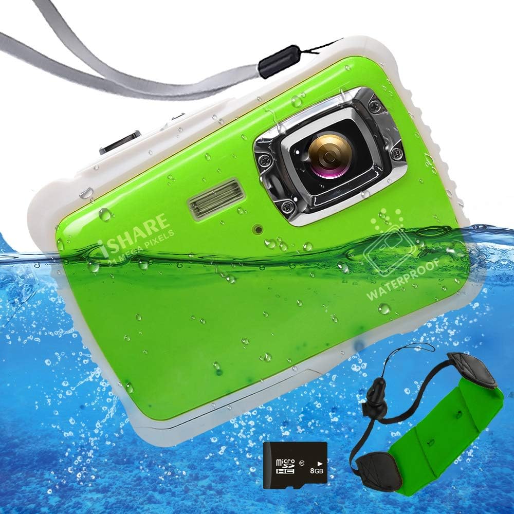 Waterproof Digital Camera for Kids, ISHARE 21MP Kids Camera 3M Underwater 2.0" LCD, 8X Digital Zoom, Flash Mic for Girls/Boys (Green Float Strap 8G Card)
