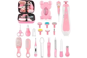 UHFI Baby Healthcare and Grooming Kit, 26 in 1 Portable Baby Safety Care Set with Hair Brush Comb Nasal Aspirator Electric Nail Trimmer Set Baby Essentials kit for Newborn Boys Girls (Pink)