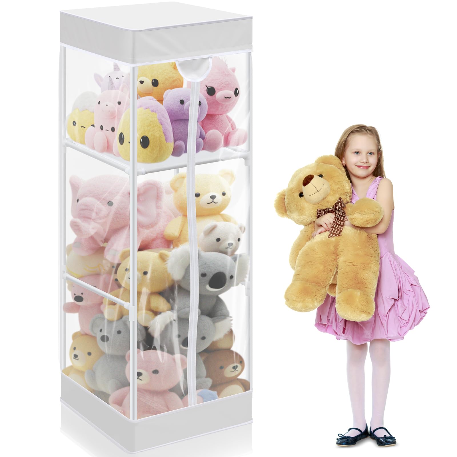 Photo 1 of Colingmill 2-tier Plush Toy Stuffed Animal Storage Organizer with Zippered Large Stuffed Toy Holder PVC Waterproof Dustproof Cover 47. 2 Inch Stuff Animal Organizer Holder for Nursery(White)