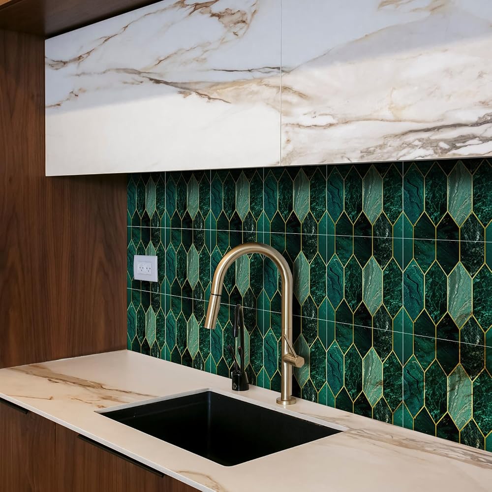 funlife Holographic Emerald Green Peel Stick Wall Tiles 15x15cm 10pcs Kitchen