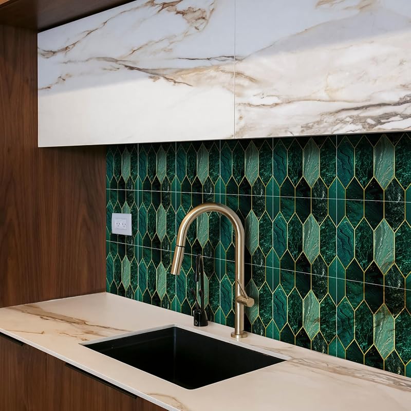 funlife Holographic Emerald Green Peel Stick Wall Tiles 15x15cm 10pcs Kitchen