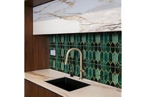 funlife 50Pcs Art Deco Green Peel and Stick Thick Kitchen Backsplash, Self Adhesive Wall Tile, Flat Glossy Stickers for Home 
