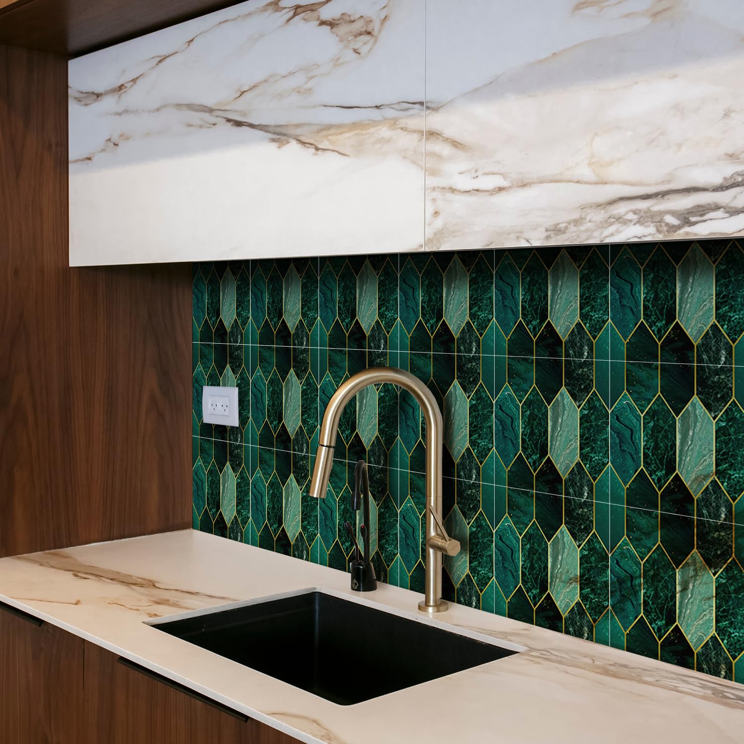 funlife Peel and Stick Wall Tiles, Stick on Tiles Self-Adhesive Tile Stickers for Kitchen Bathroom, Holographic Emerald Green(20x20cm-50pcs)