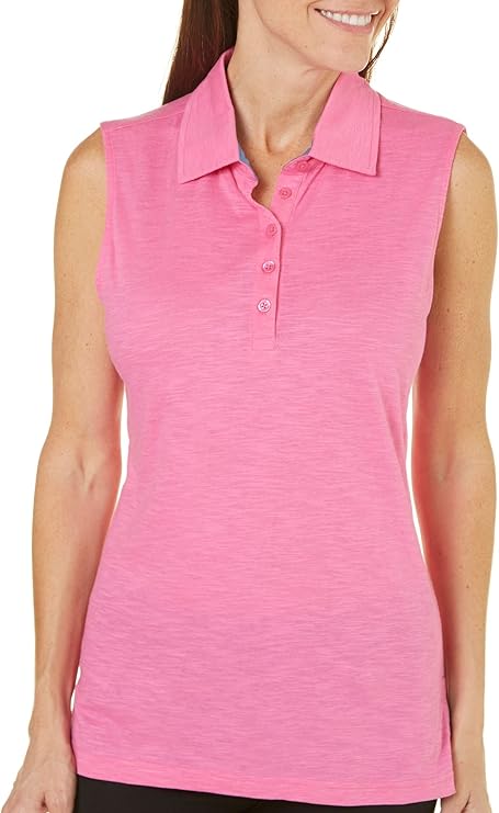 Caribbean Joe Women's Solid Cotton Slub Sleeveless Collared Button Polo Golf Shirt, Aloha Pink 