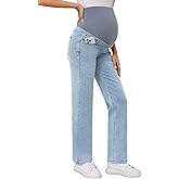 POSHGLAM Women's Maternity Jeans Straight Leg 30'' Over Belly Comfy Stretch Denim Pants, S-XXL
