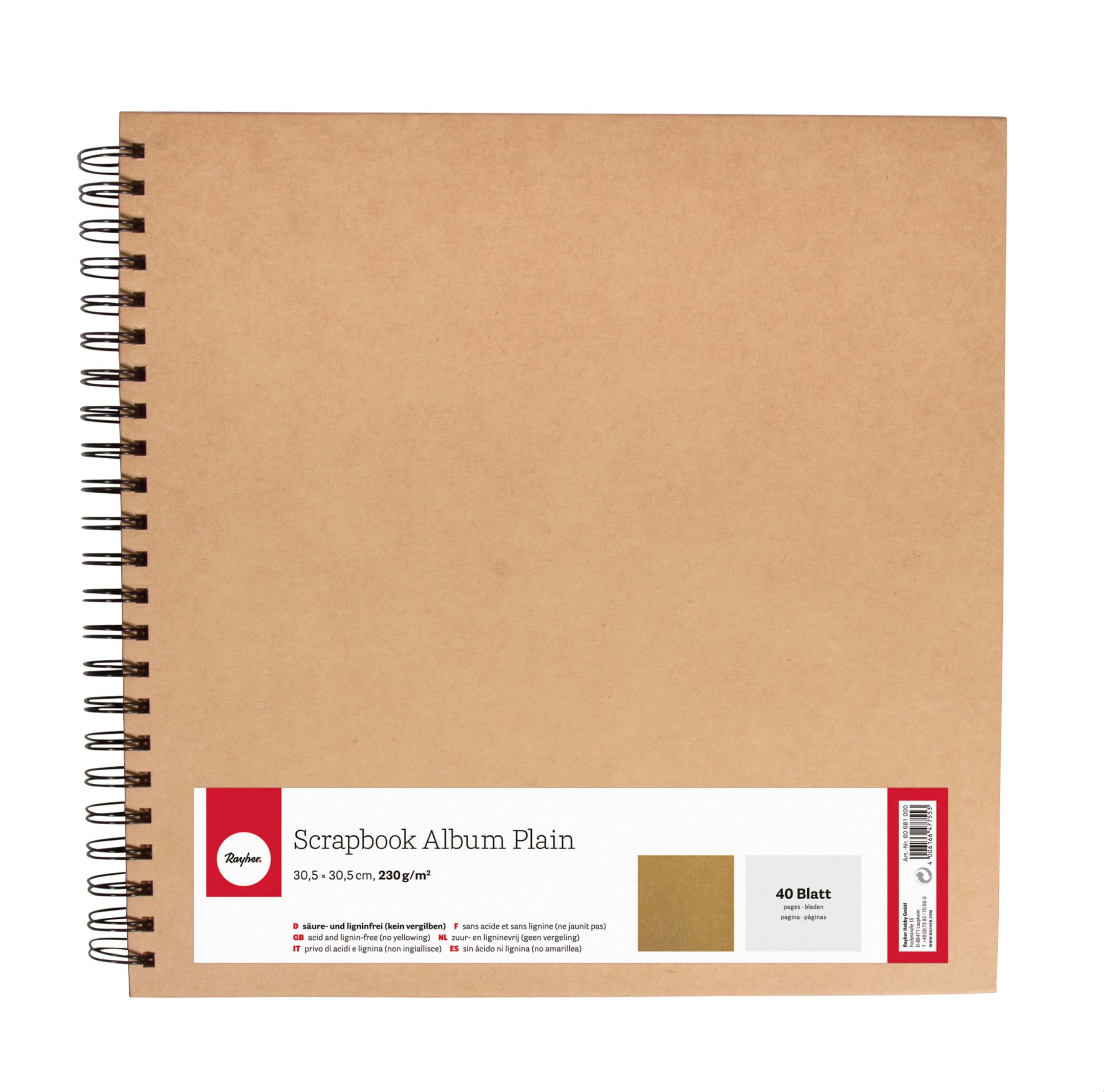 Rayher Spiral Bound Scrapbook with Plain Kraft Paper Pages, Hardcover Memory Book, Square Album in the size 30.5x30.5cm, 40 Pages, 60681000