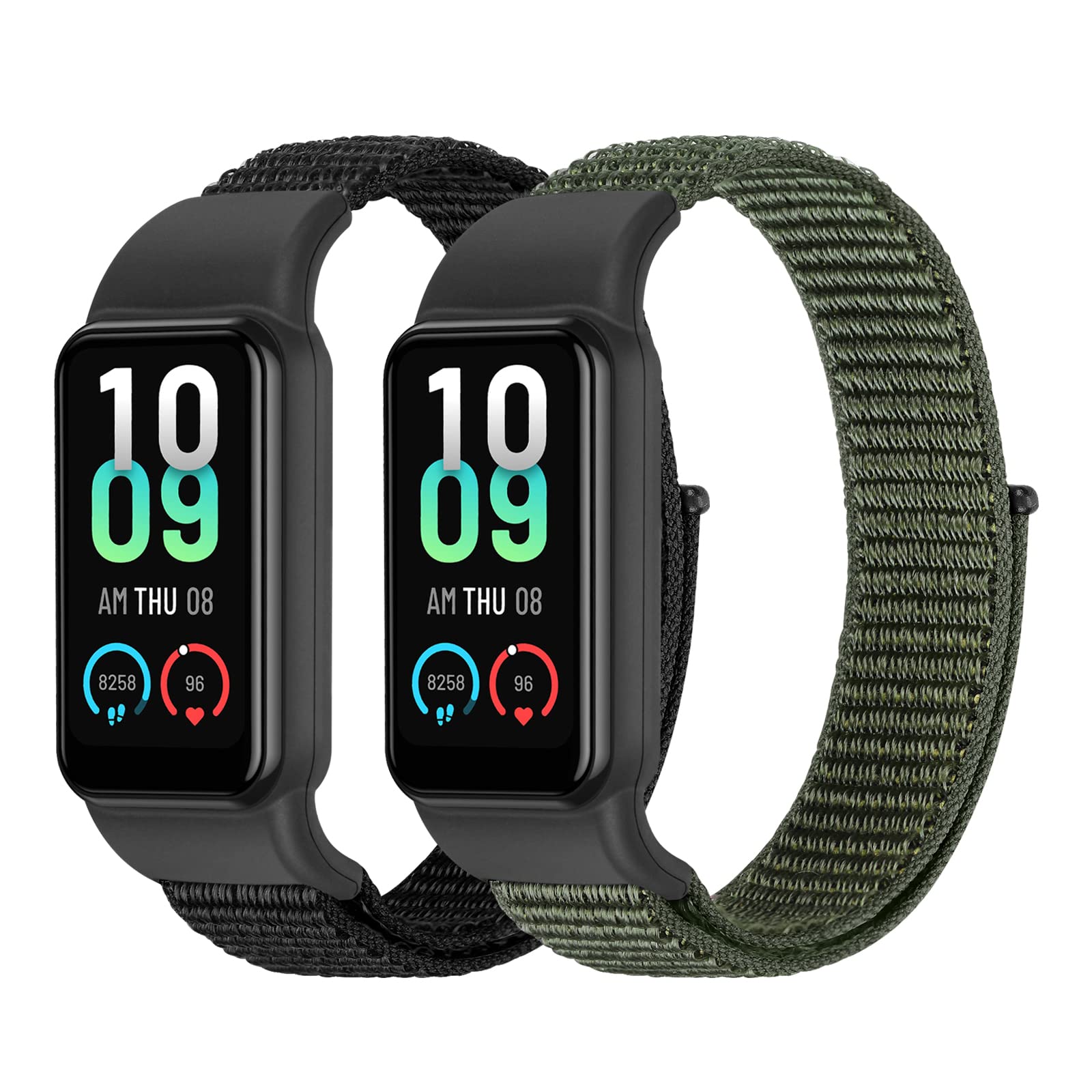Tiptops Straps Compatible for Amazfit Band 7 Band, 2 Pack Breathable Comfortable Braided Adjustable Nylon Sport Solo Loop Replacement Wristband for Amazfit Band 7 for Women Men DarkBlack+ArmyGreen