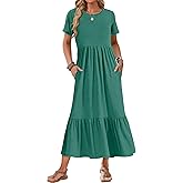 AUSELILY Womens Summer Dresses 2025 Short Sleeve Maxi Dress Crewneck Casual Sundresses with Pockets
