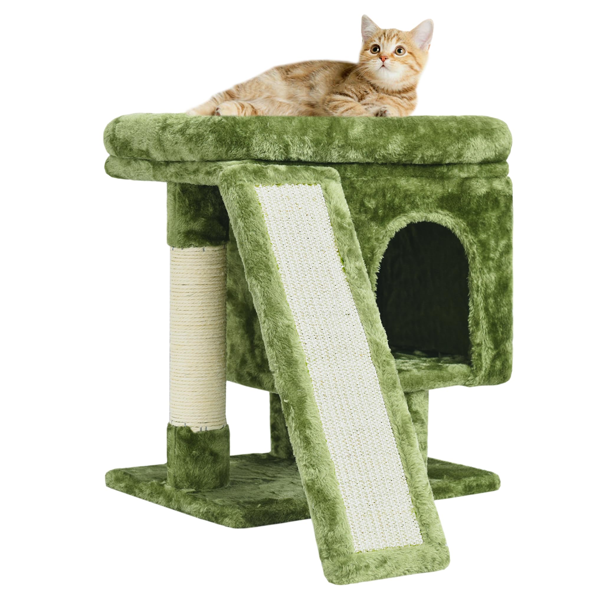 Photo 1 of YANDLVY Small Cat Tower for Cats, Cute Cat Tree for Indoor Cats, Kittens Condo with Scratching Post and Board, Cat Cave, Modern Cat Activity House with Plush Perch (Green)