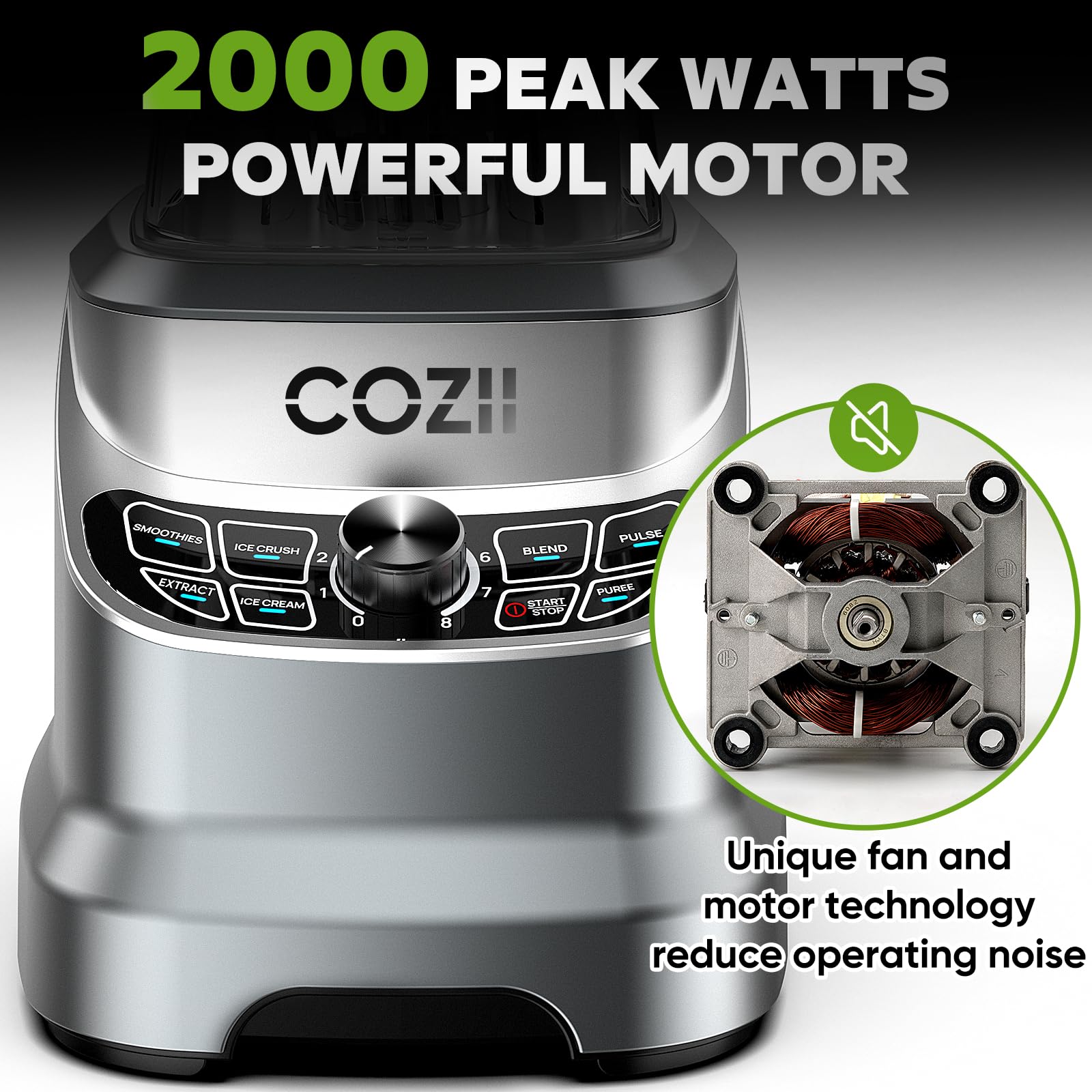 COZII Batidoras de encimera para cocina, profesional de 2000 vatios pico para batidos/trituración de hielo/bebidas congeladas/puré, licuadora de batidos con jarra de 64 oz y taza para llevar de 21 oz, apta para lavavajillas, gris oscuro