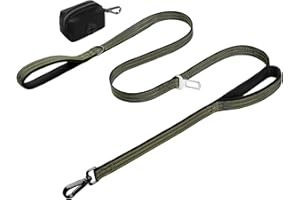 WINGOIN Dog Leash for Large Medium Dogs, Heavy Duty Dog Leashes with Double Handle, Poop Bag Holder, Metal Clip, Car Seat Belt Buckle, Reflective Tactical Pet Lead for Walking, Training (Green, 6FT)