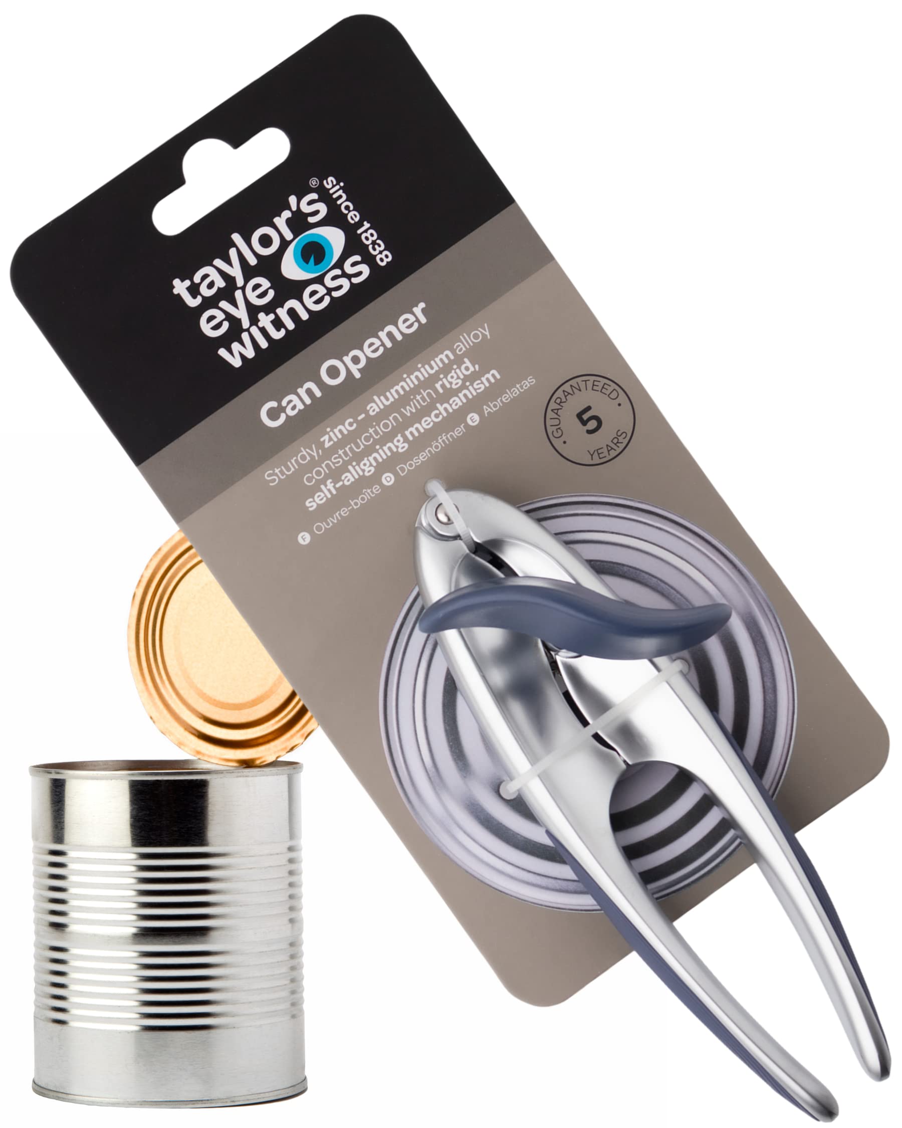 Premium 2-in-1 Manual Can Opener - Taylors Eye Witness, Easy to Use Tin Opener, Perfect Kitchen Gadget Made with Built-in Bottle Opener, Sturdy Zinc Aluminum Construction with Silver Colouring.