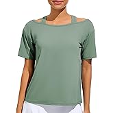 JOYSPELS Ice Silk Women's Short Sleeve Workout Shirts Quick Dry Cold Shoulder Loose Fit Athletic Running Tee Tops