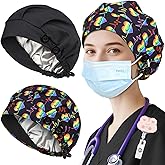 2 Pack Satin Lined Bouffant Scrub Caps with Buttons, Adjustable Scrub Caps for Women Men