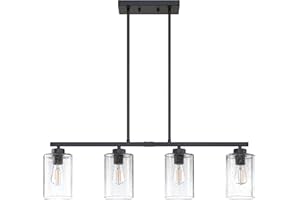 CJY CHENJINYAN 4 Light Linear Indoor Hanging Kitchen Island Light Black Finish Fixture,Modern 4.4" Clear Seeded Glass Chandelier Shade for Bar Dining Room Kitchen Island Over Sink
