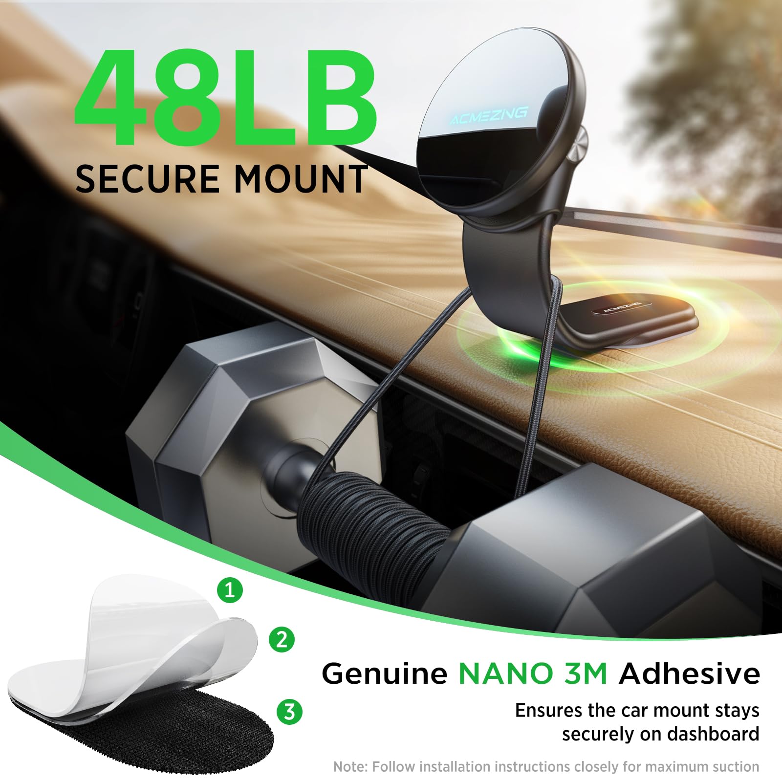 15W Only for iPhone MagSafe Car Mount Charger, 360% Adjustable Aluminum Alloy Arm, Relocatable Car Phone Holder, Magnetic Wireless Fast Charging, Cell Phone Holder for All Car Models, Black