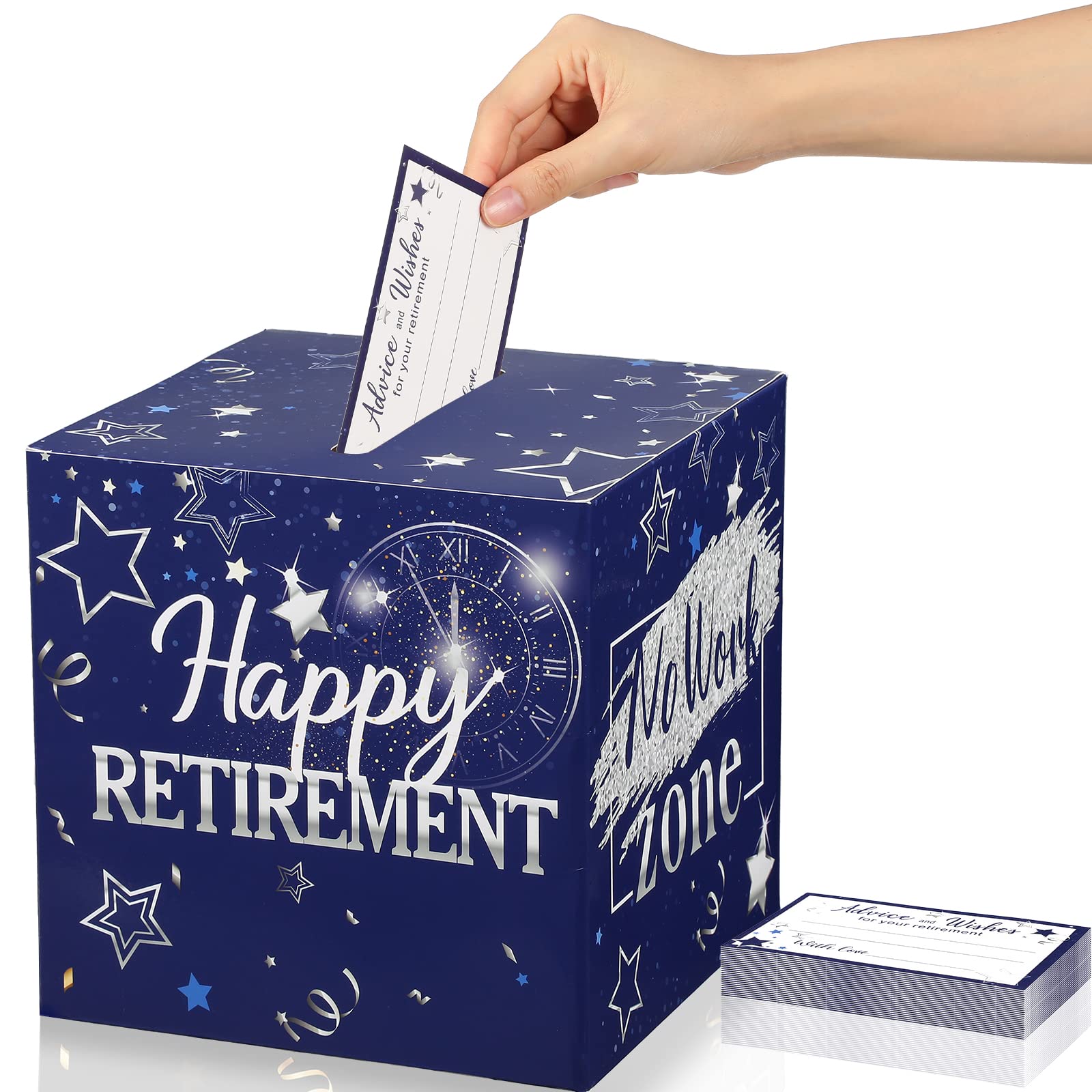 Photo 1 of Funrous 51 Pcs Retirement Card Box Happy Retirement Party Decorations Well Wishes and Advice Card for Women Men Going Away Party Favors(Blue and Silver)