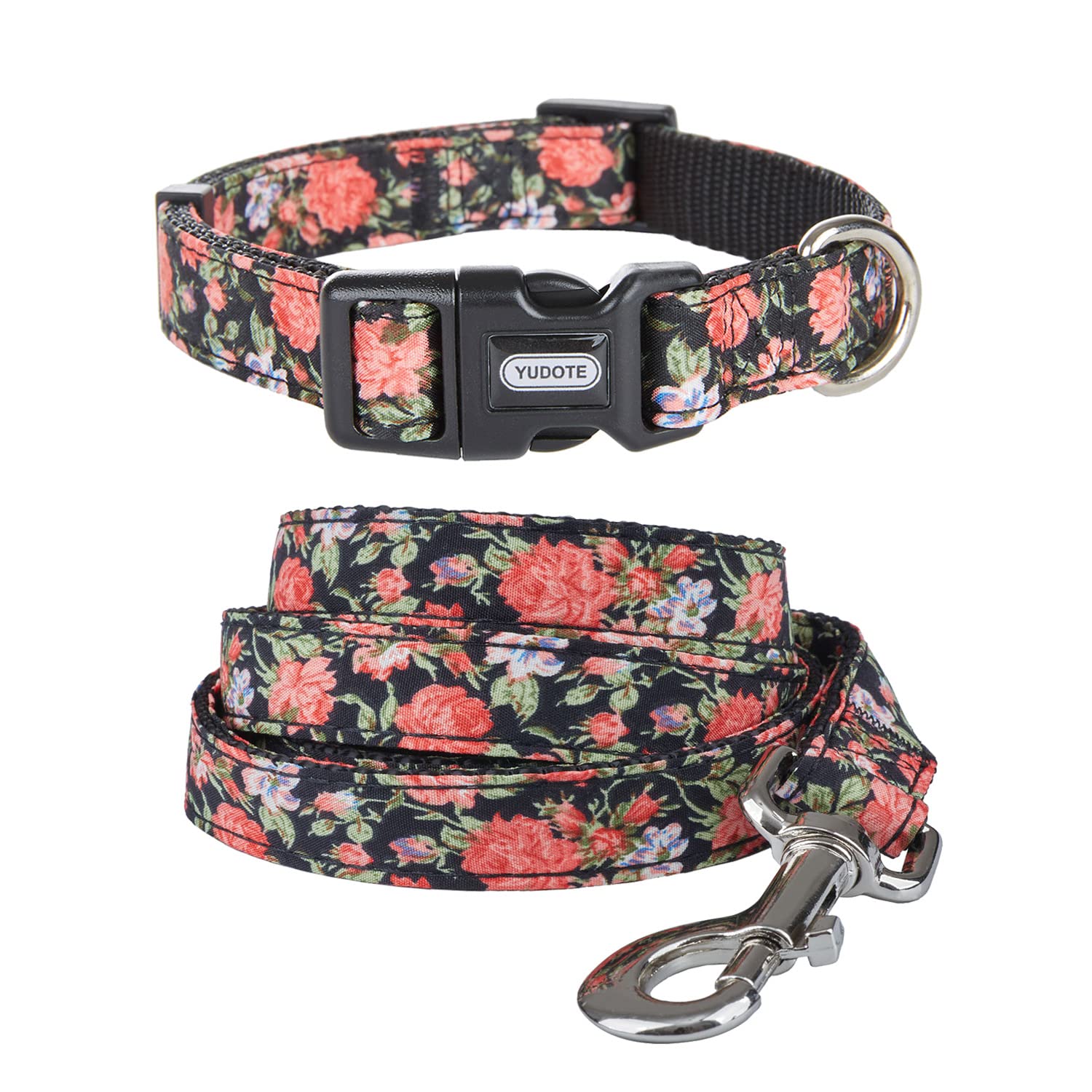YUDOTE Peony Flower Printing Dog Collar and Lead Set 2 Sides Printed Soft Nylon Leash Coller Kit for Small Female Canines Daily Use
