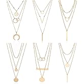 Biokia 6 Pieces Layered Necklaces For Women Long Necklaces Gold Choker Necklaces Map Coin Bar Crescent Moon Necklace Layered Y Pendant Necklace Multilayer
