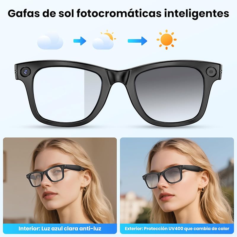 Gafas Inteligentes con Camara 8MP, Gafas con IA Bluetooth/WiFi, Smart Glasses con Fotografía/Grabación/Llamadas/Música/Traducción/Reconocimient Imágenes, Lentes fotocromáticas + lentes azules