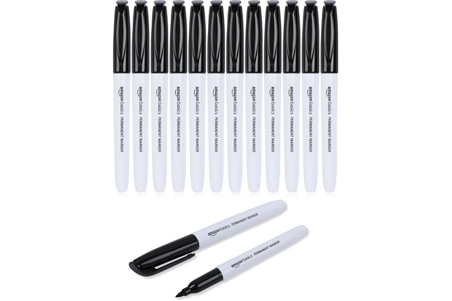 Amazon Basics Fine Tip Permanent Markers for Writing, Drawing, Quick Drying, Office, School, and Home Use, Black, 12 Pack