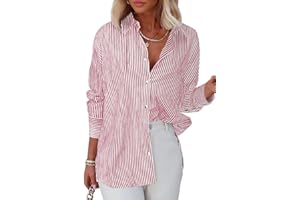 Womens Fashion Striped Button Shirt Classic V Neck Long Sleeve Loose Fit Office Work Blouses Tops