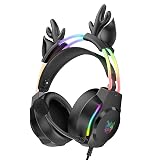 ONITOON Gaming Headset with Microphone, Deer Ears Headphones for PC Laptop PS4 PS5 Xbox Switch, Rainbow RGB Lighting & Virtual Surround Sound, 3.5mm Over Ear Headphones, Ergonomic