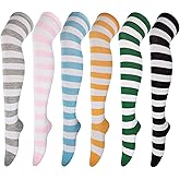 DRESHOW 6 Pairs High Thigh Socks Striped Over Knee Thin Tights Long Stocking for Women Leg Warmer